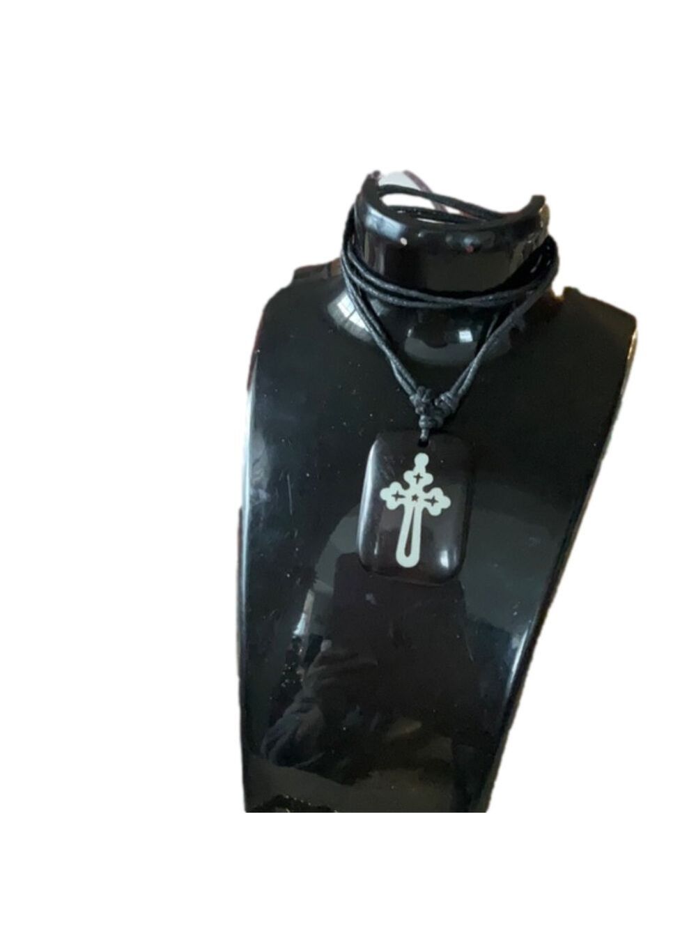 Mens Double Strand Leather Chain with Black and White Cross Pendant